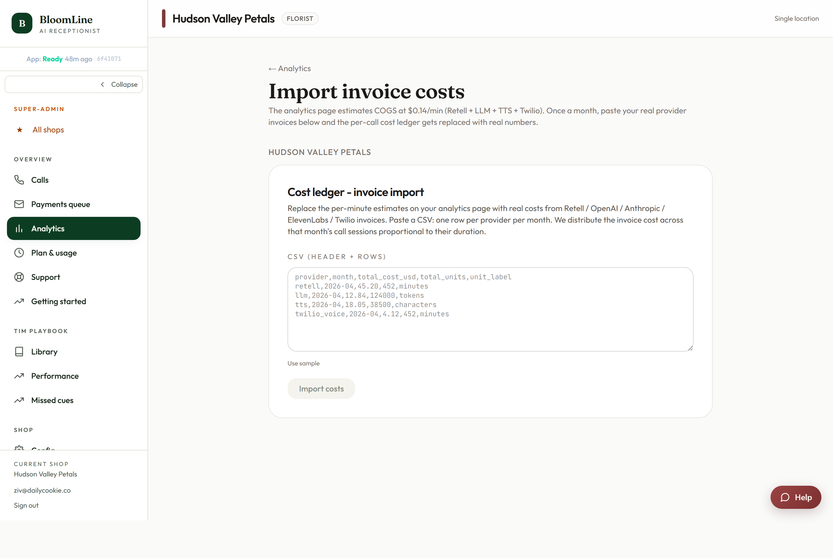 The Import invoice costs page with the CSV paste textarea and the Import button