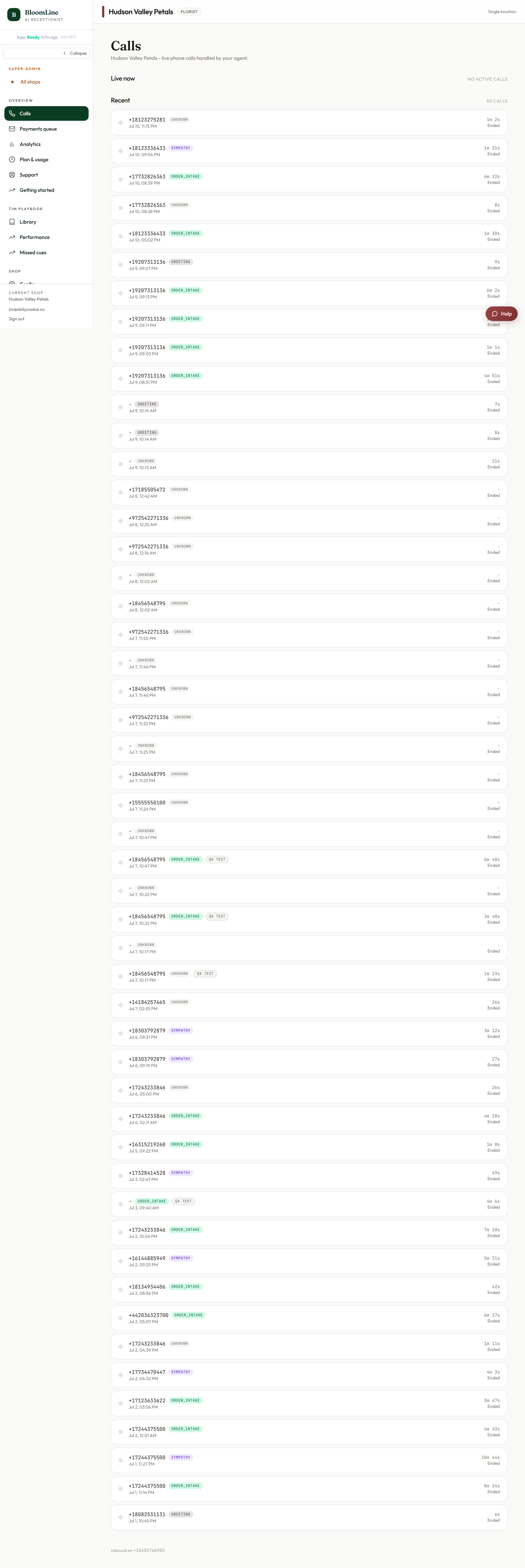 The BloomLine calls dashboard with the shop switcher in the header for changing the active location