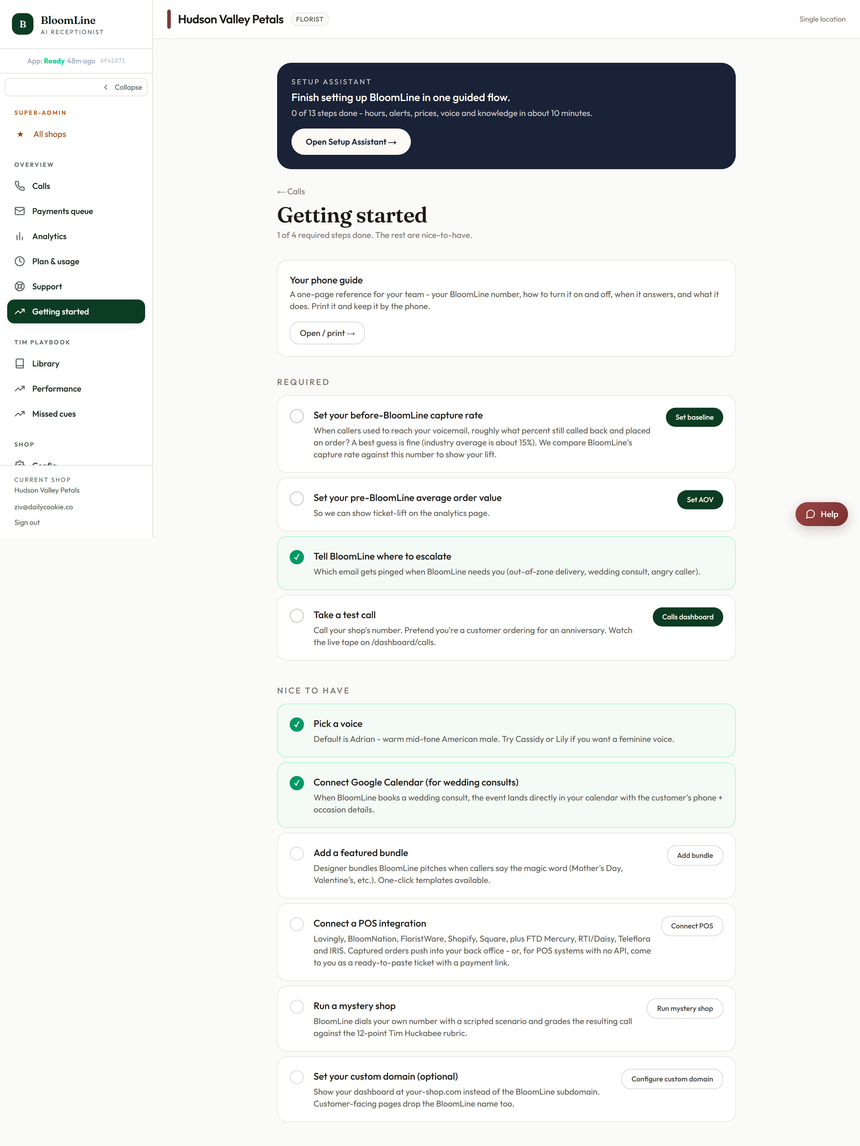 The BloomLine Getting started checklist showing required items at the top and nice-to-have items below, each with a deep link into its setting