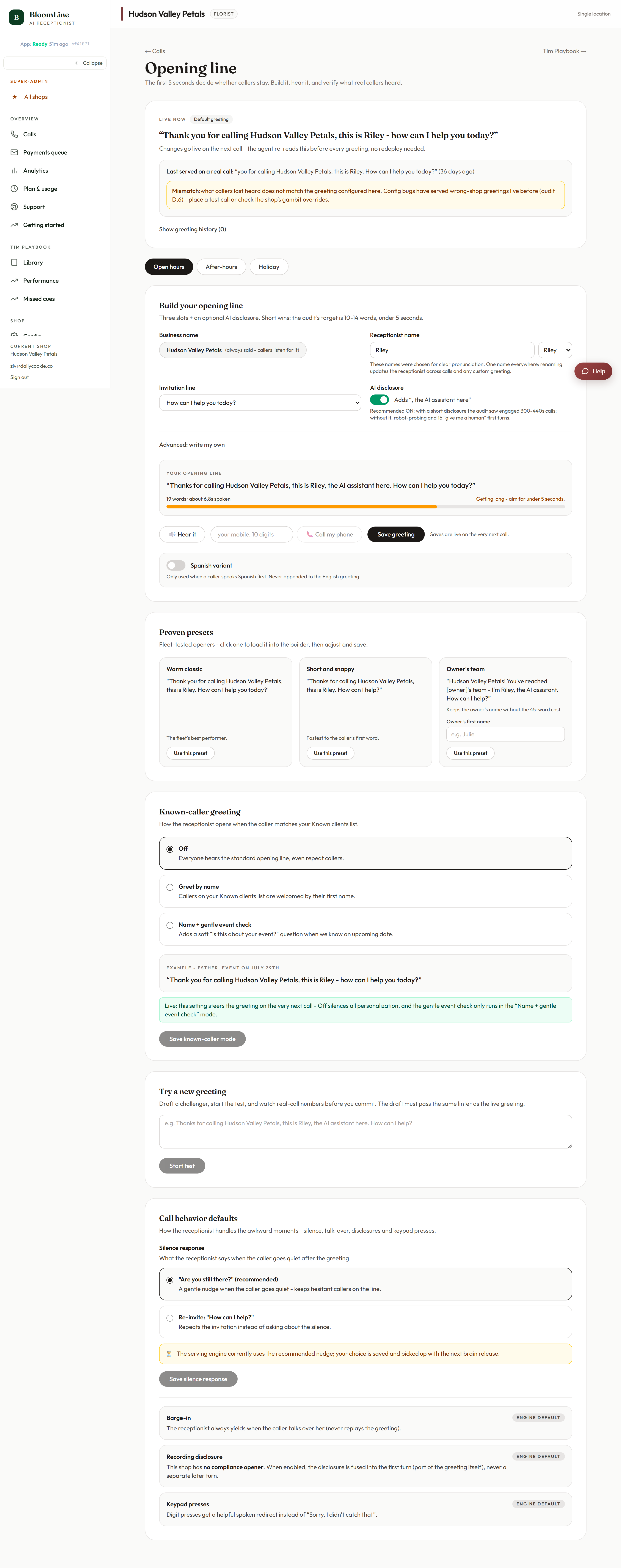 The Opening line studio showing the Test call block where you enter your mobile number and place a test call to hear Riley