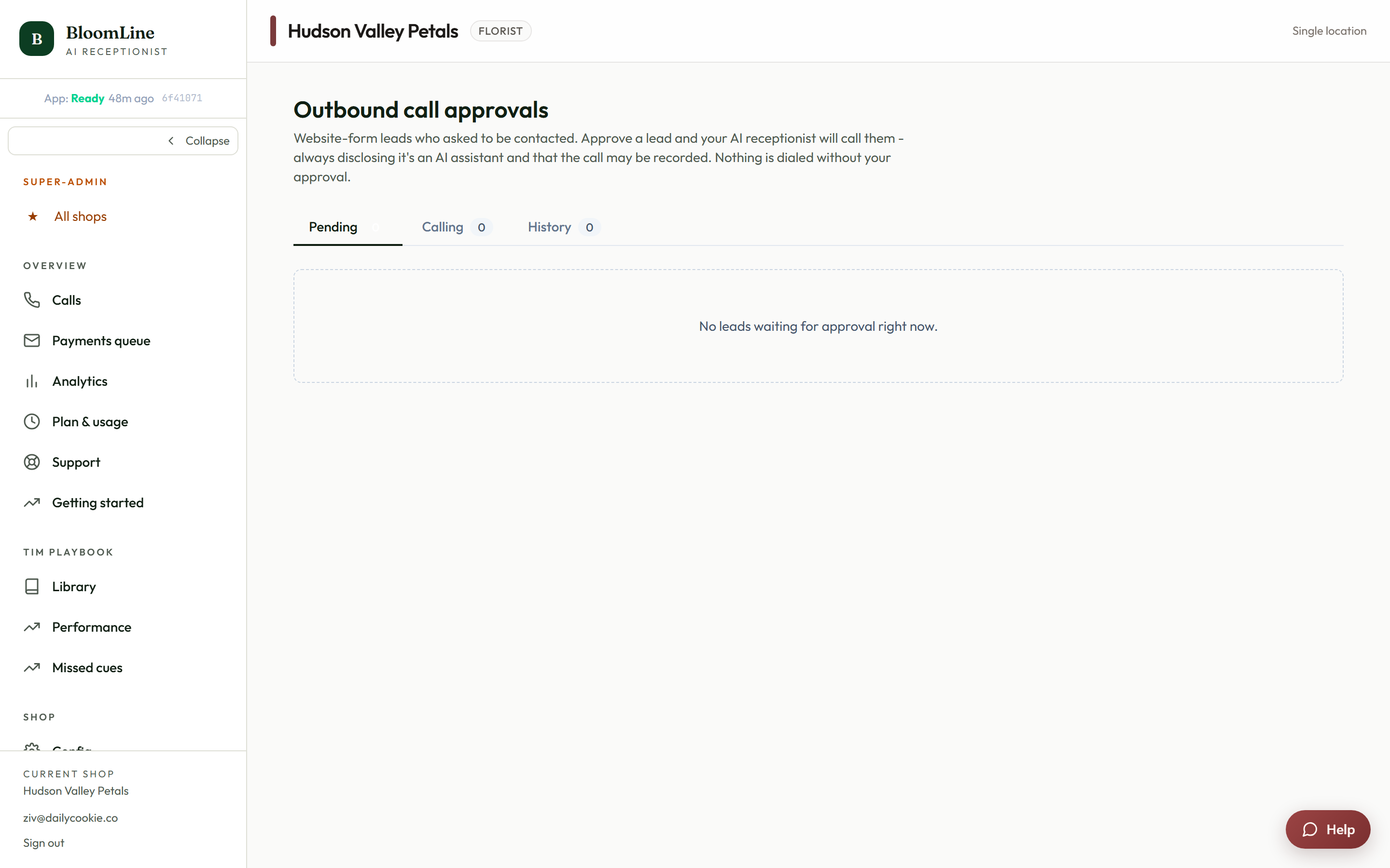 The Outbound approvals page with a lead row showing the Approve call and Don't call buttons and status chips