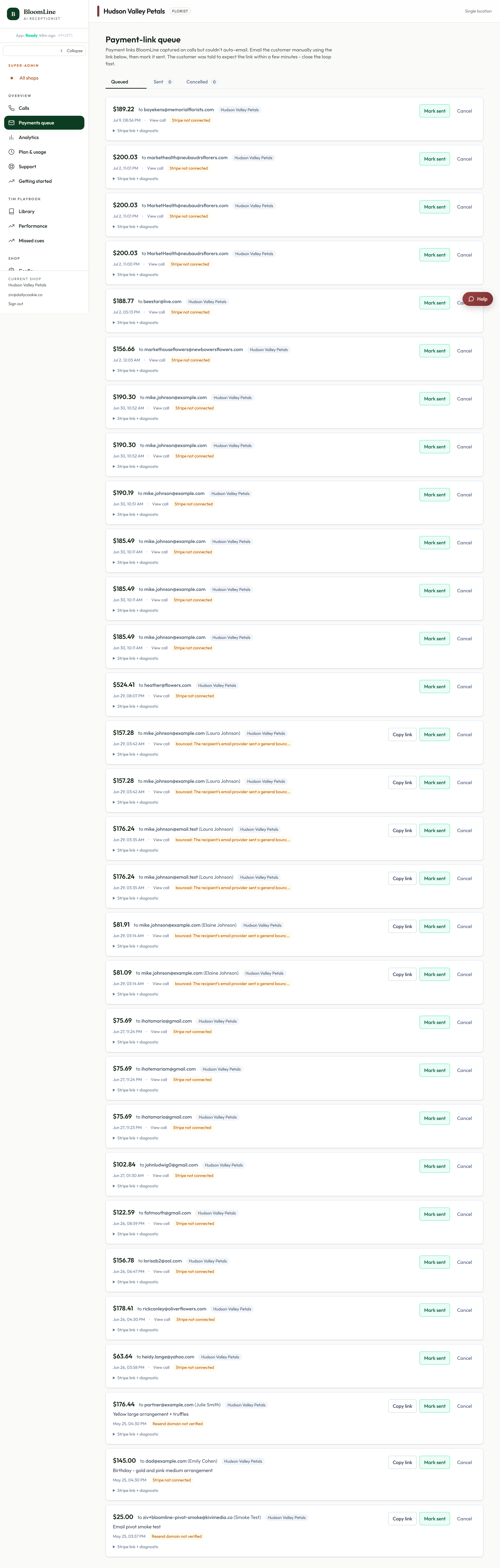 The Payments queue page showing the queue of mid-call payment links with per-row Copy link, Mark sent, and Cancel buttons