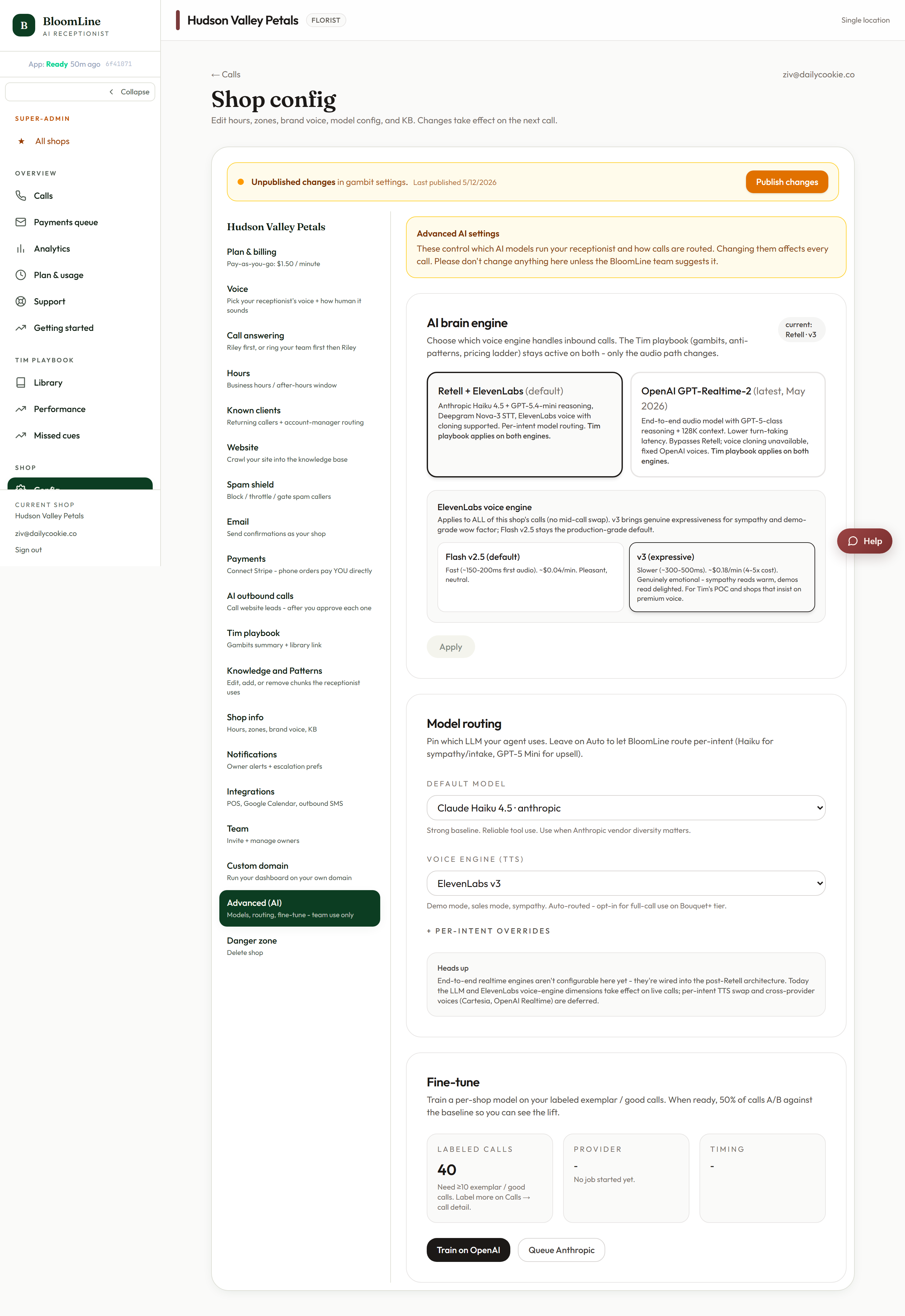 The Advanced (AI) tab with the team-use-only warning banner and the engine and routing selects