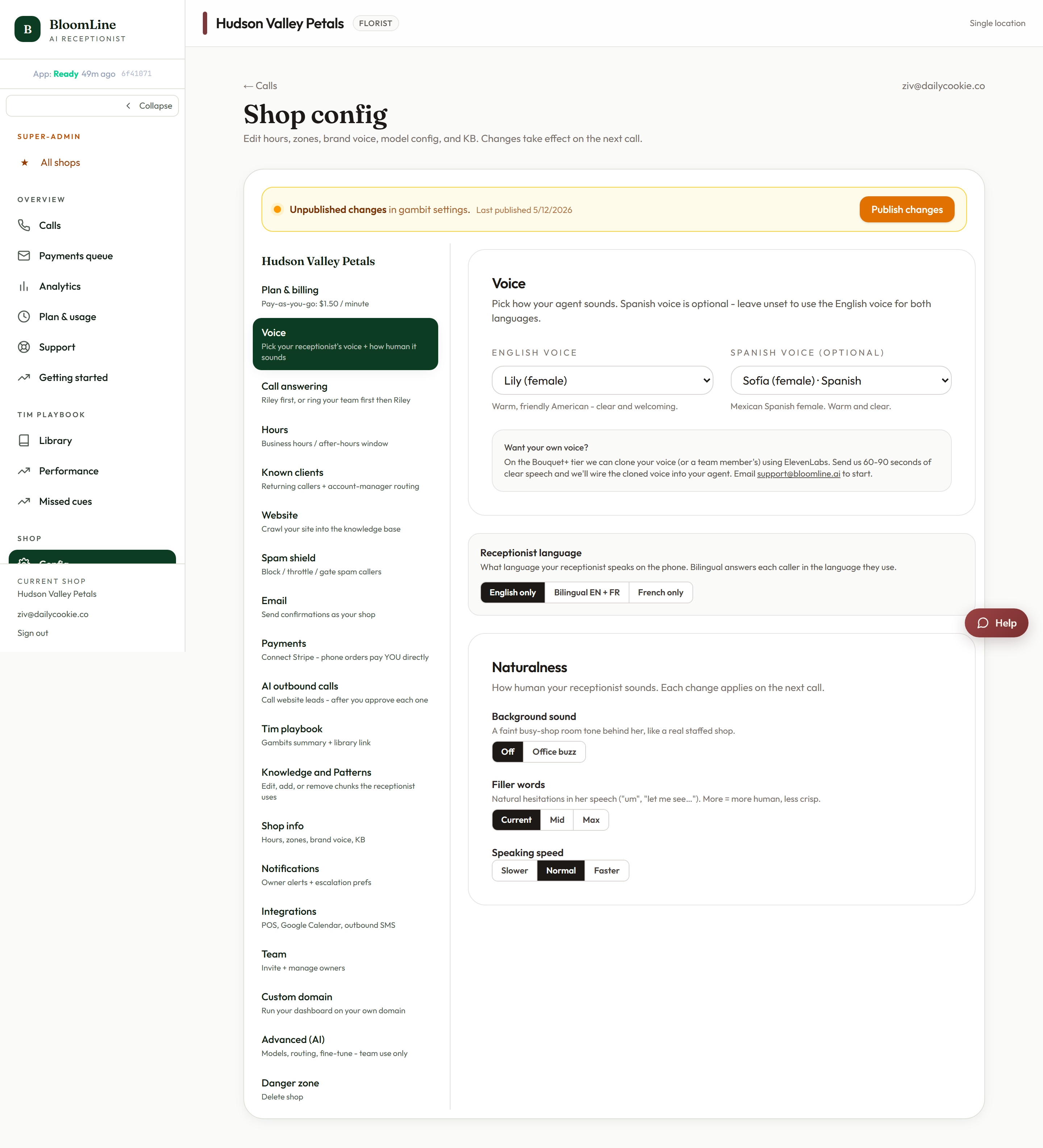 The Voice tab in Shop config with the English voice picker and Spanish voice picker
