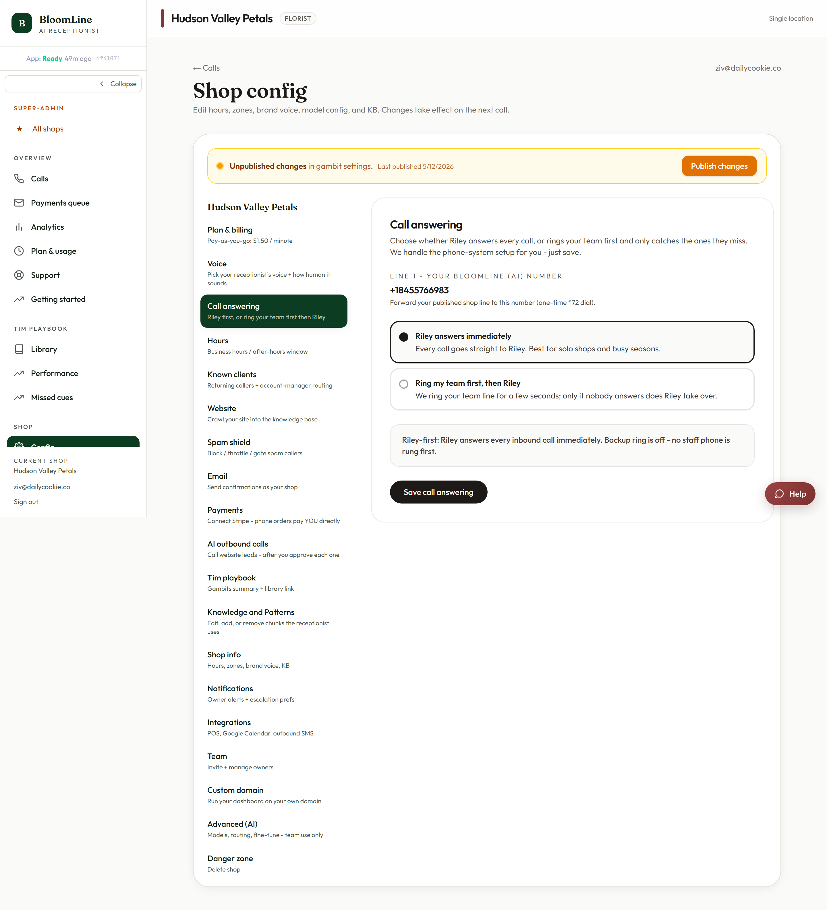 The Call answering tab with the two answering-mode options and the team phone number field