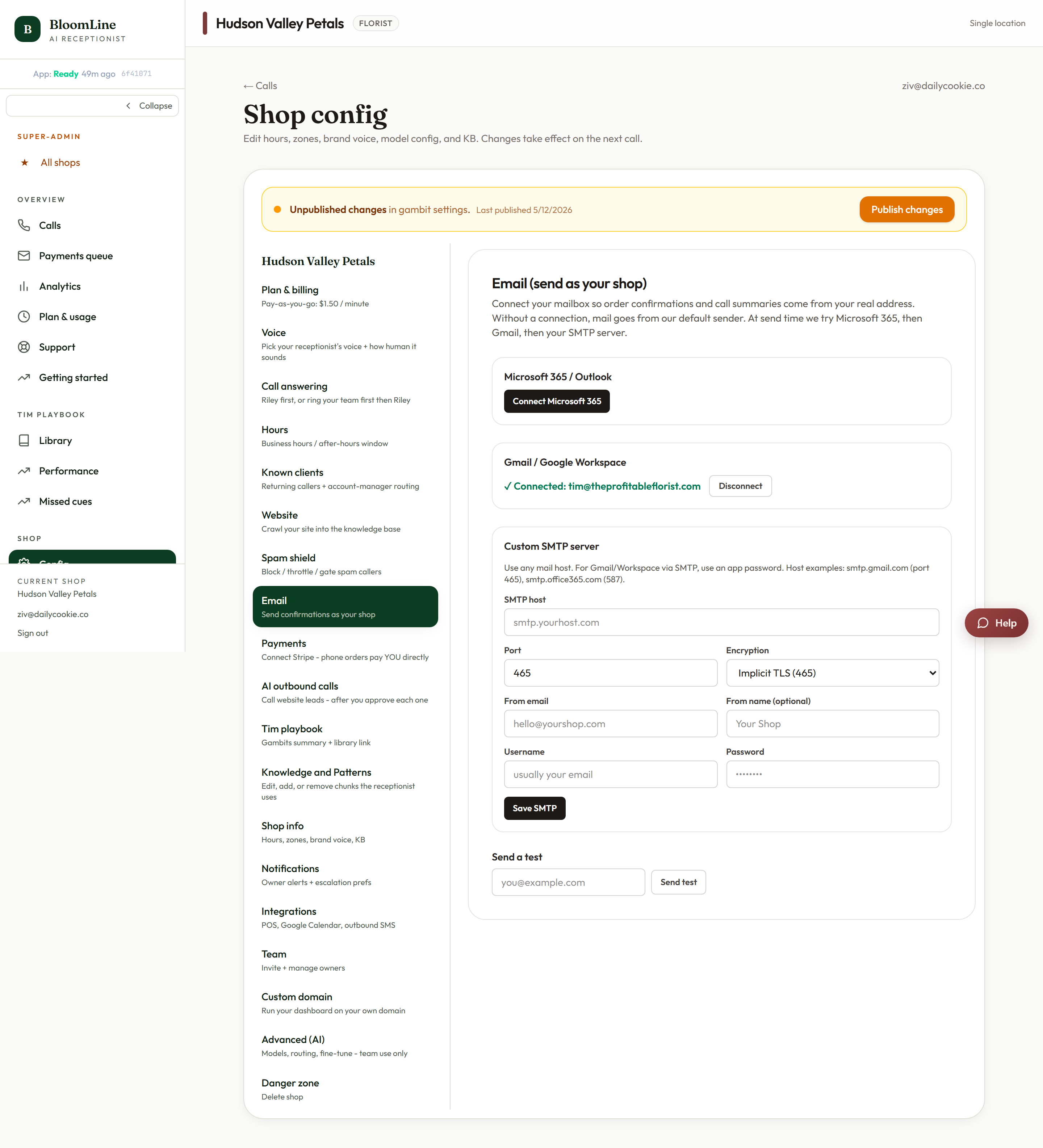 The Email tab SMTP form with host, port and encryption, credentials, and the Send test button