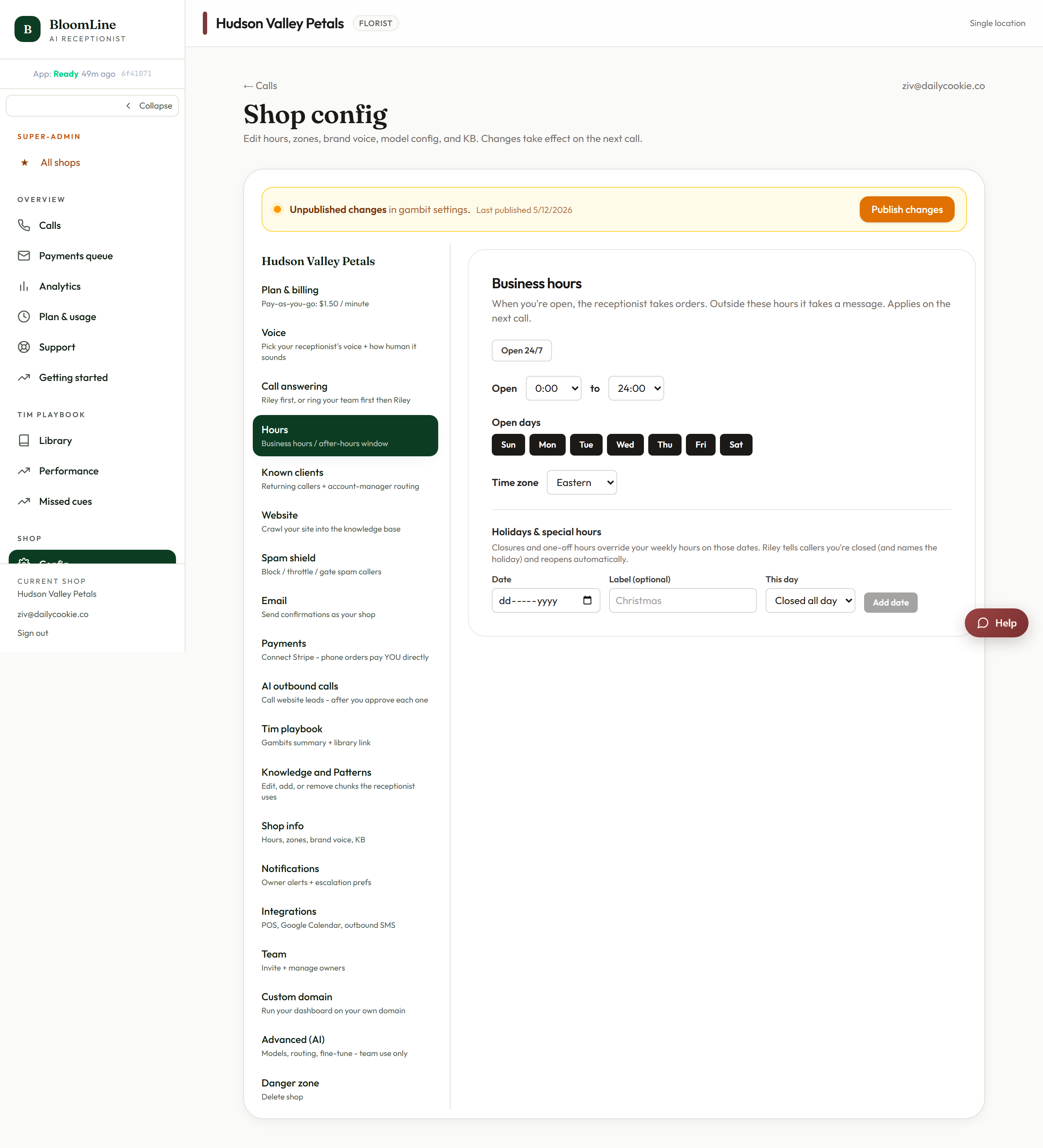 The Hours tab with the weekly open and close time grid and the Special hours section