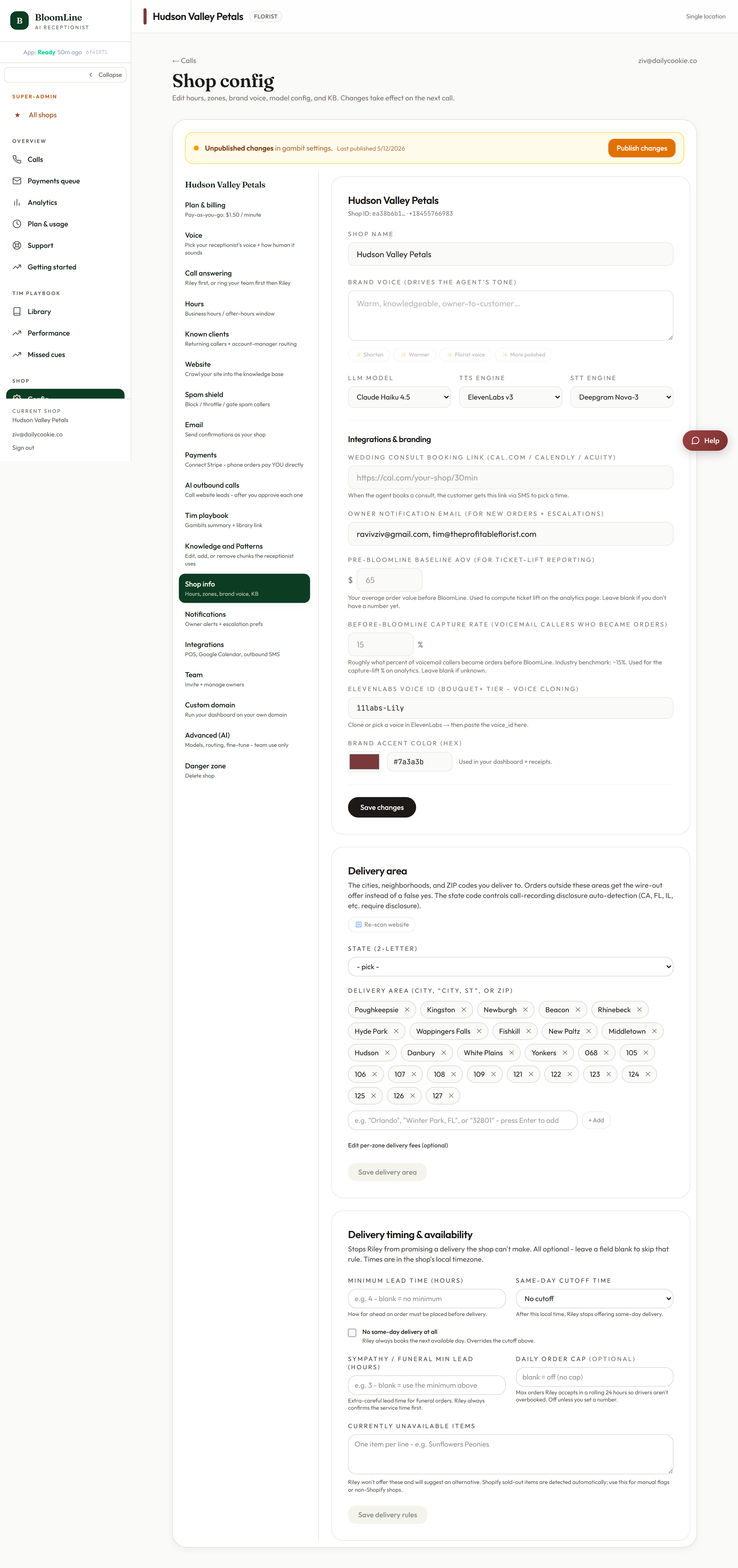 The Shop info tab showing the delivery area zone rows with fees and the delivery rules panel