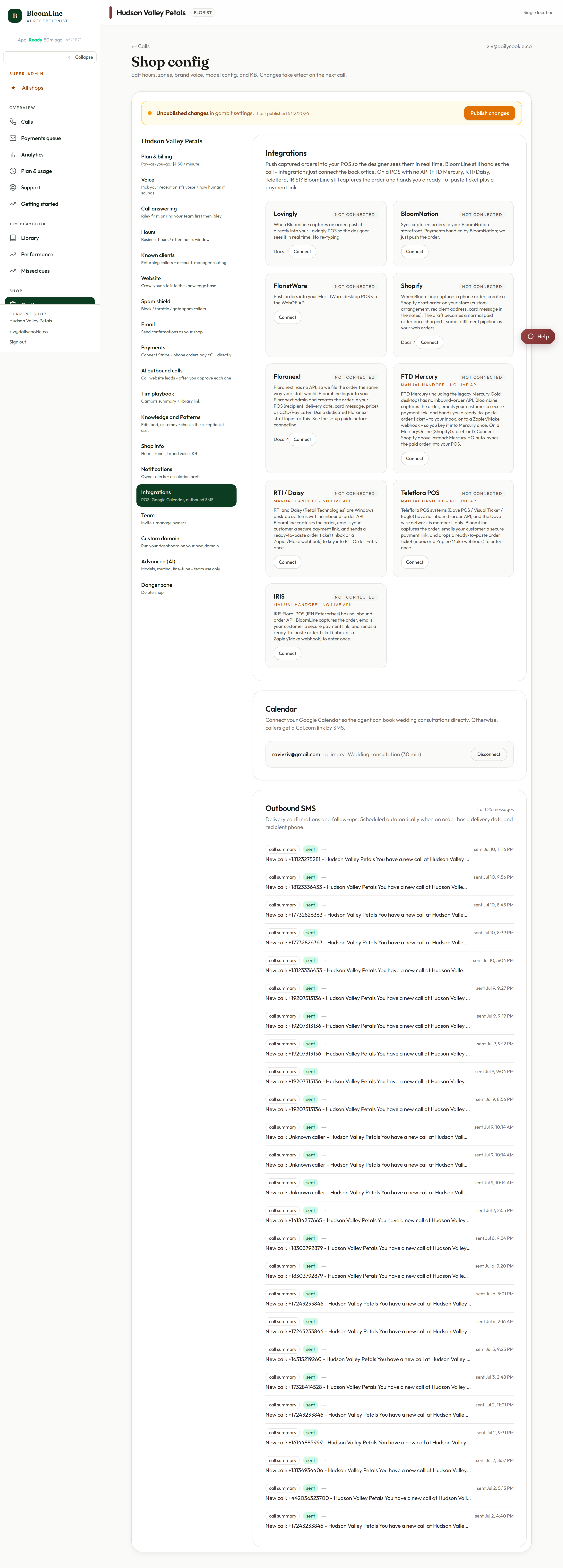 The Integrations tab with the Shopify connector block showing the store domain and Admin API token fields