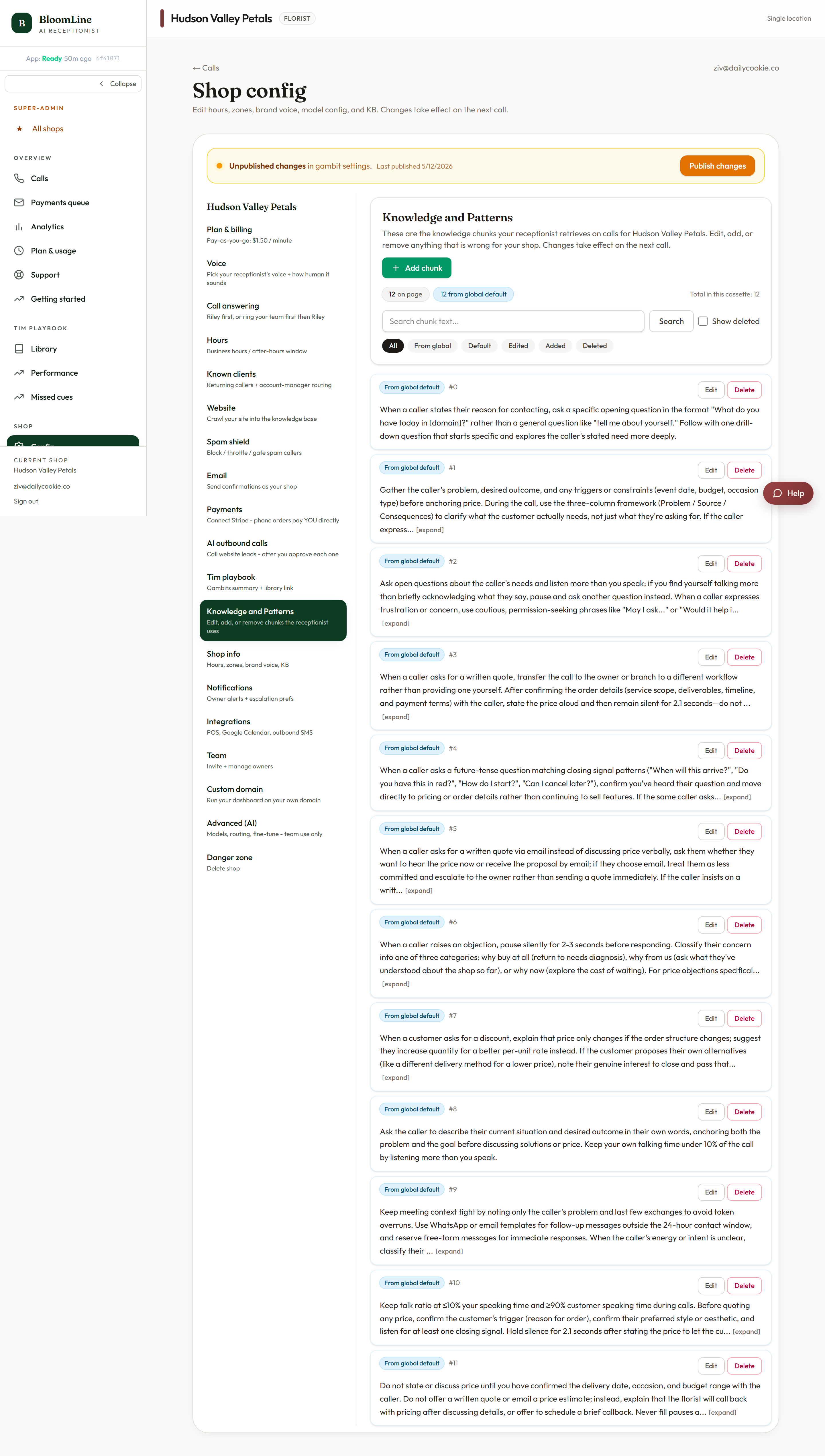 The Knowledge and Patterns tab showing the chunk list with status chips
