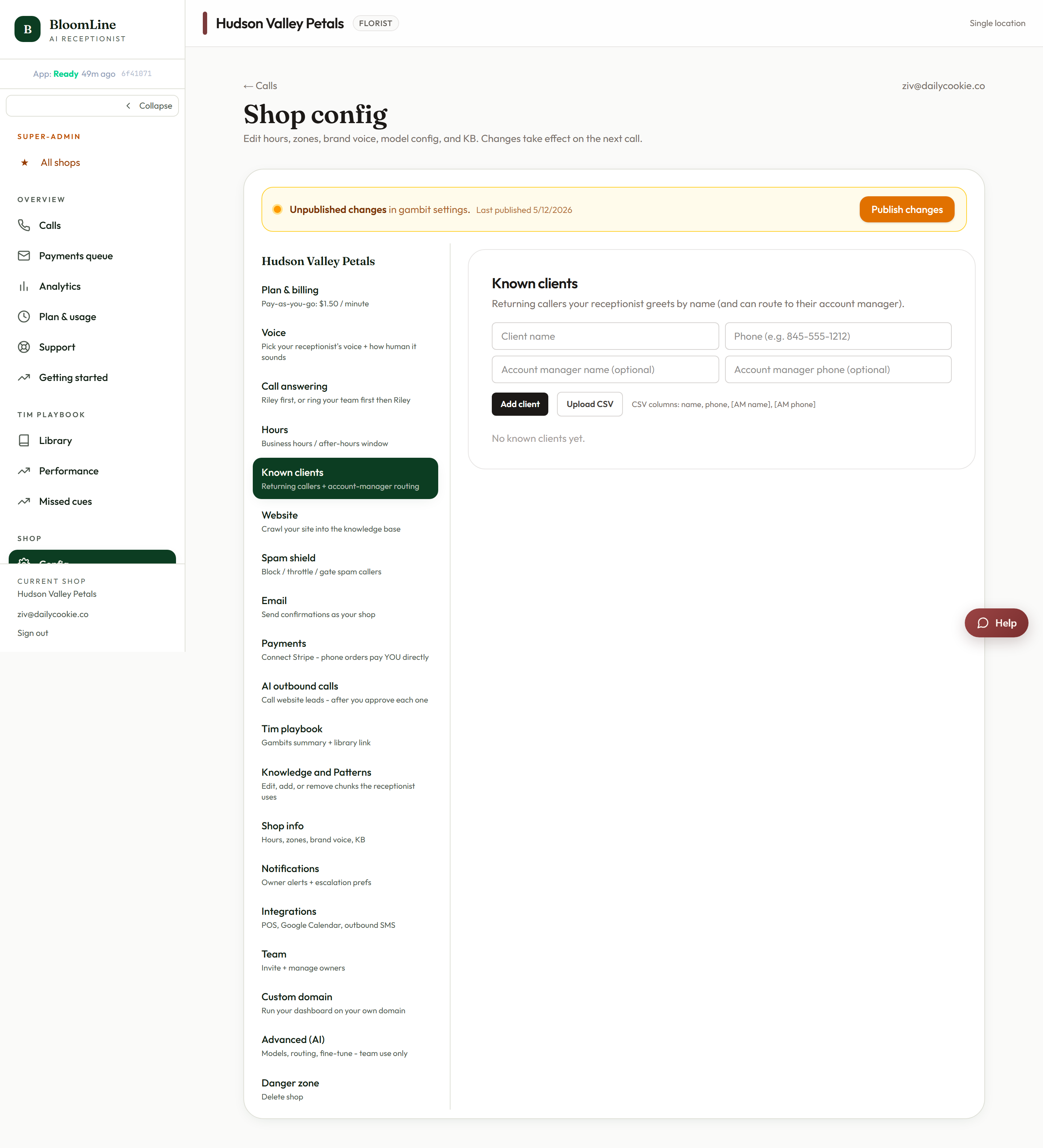 The Known clients tab with the Add client form including optional account manager fields