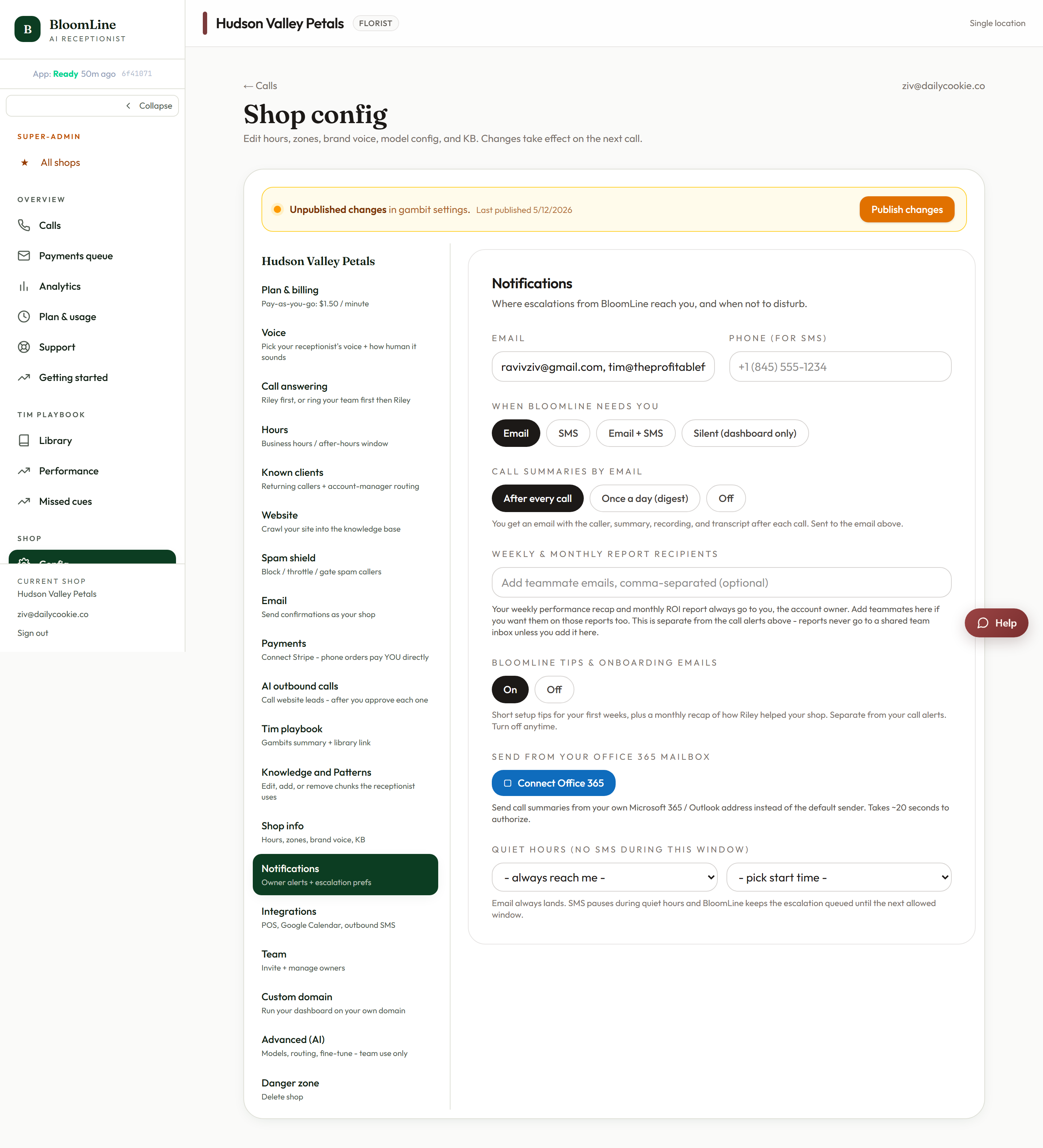 The Notifications tab showing the channel selector, call summaries frequency, quiet hours, and recipient fields