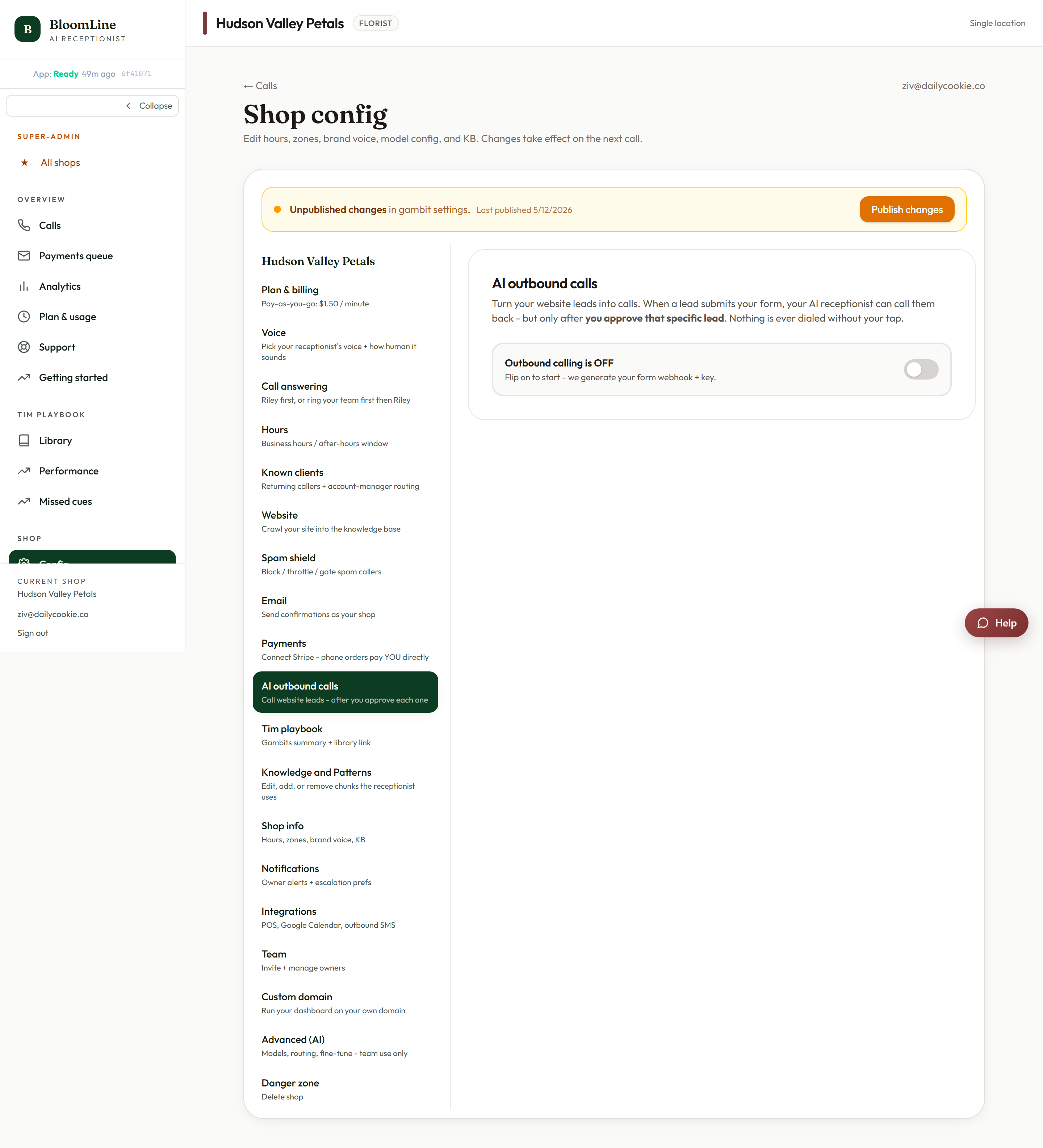 The AI outbound calls tab showing the enable toggle, calling hours and time zone, max call attempts, approval window, and the SMS approval phone field