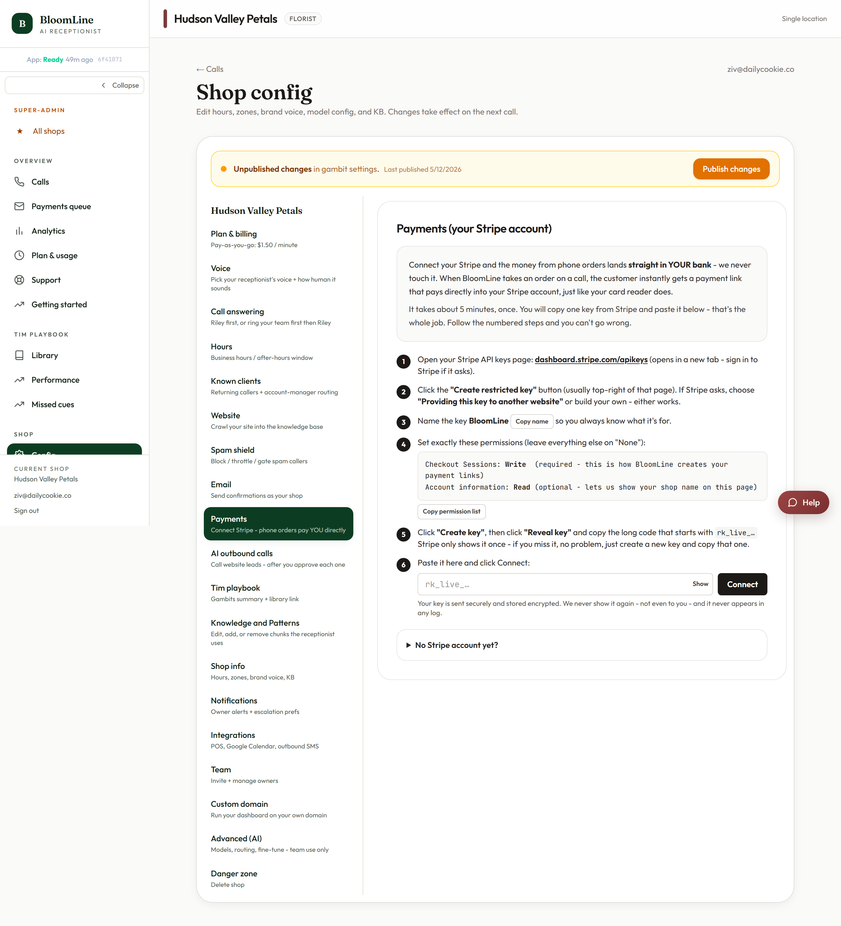The Payments tab in Shop config, showing the Stripe restricted key field where the rk_live key is pasted and the connect button