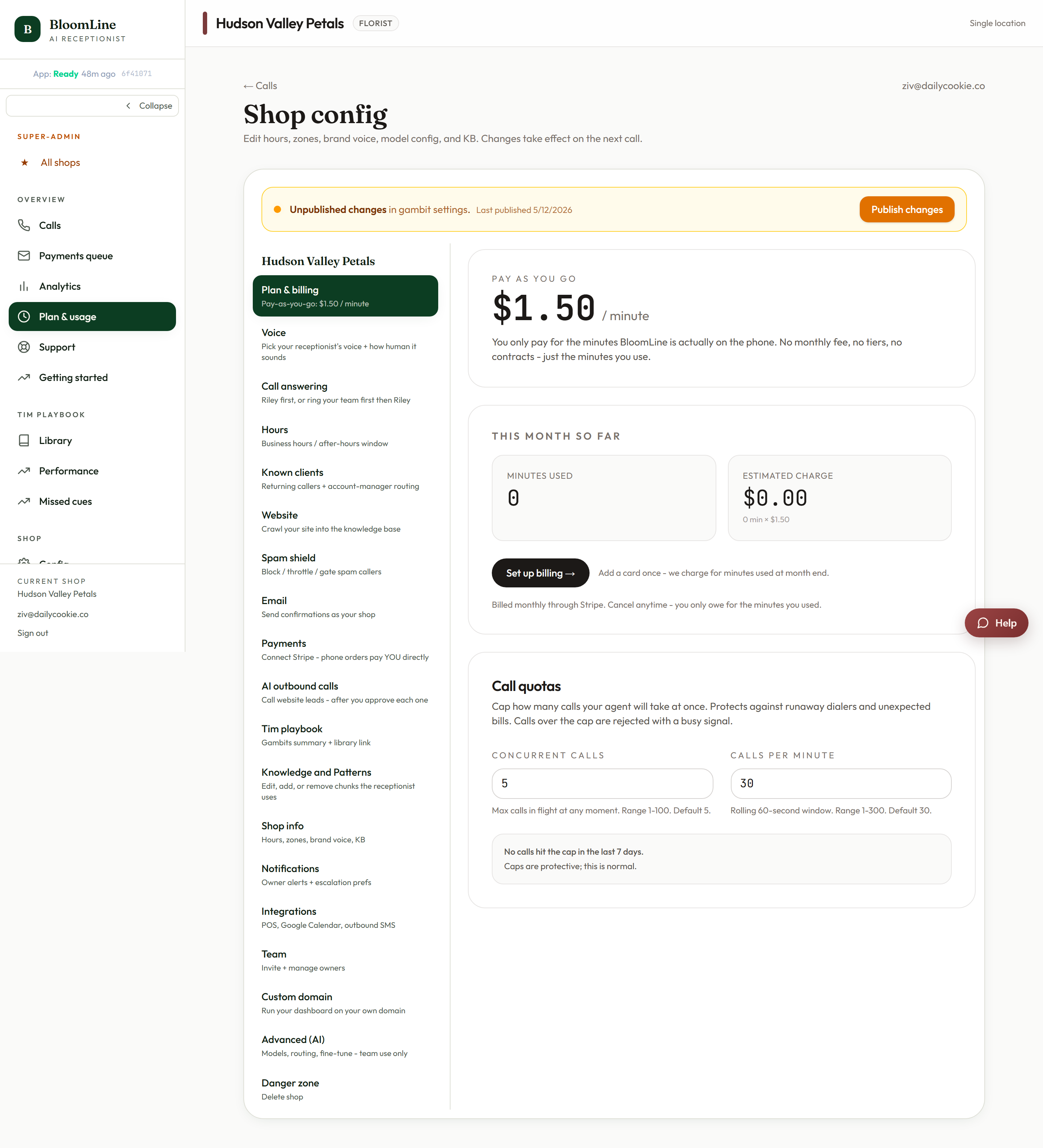 Plan and billing tab with the usage stats and the billing-active status chip