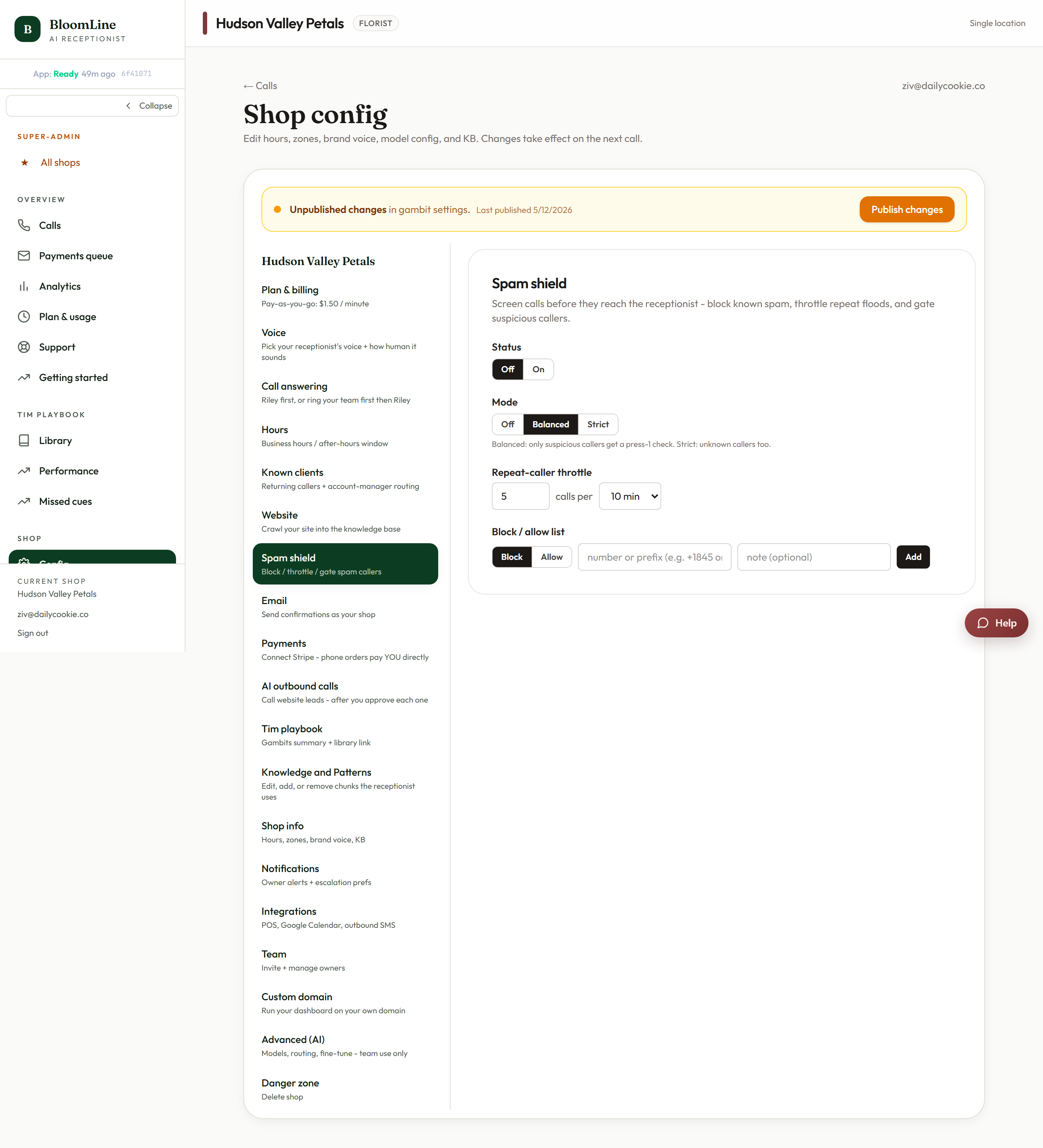 The Spam shield tab with the mode selector, repeat-caller throttle, and block/allow list
