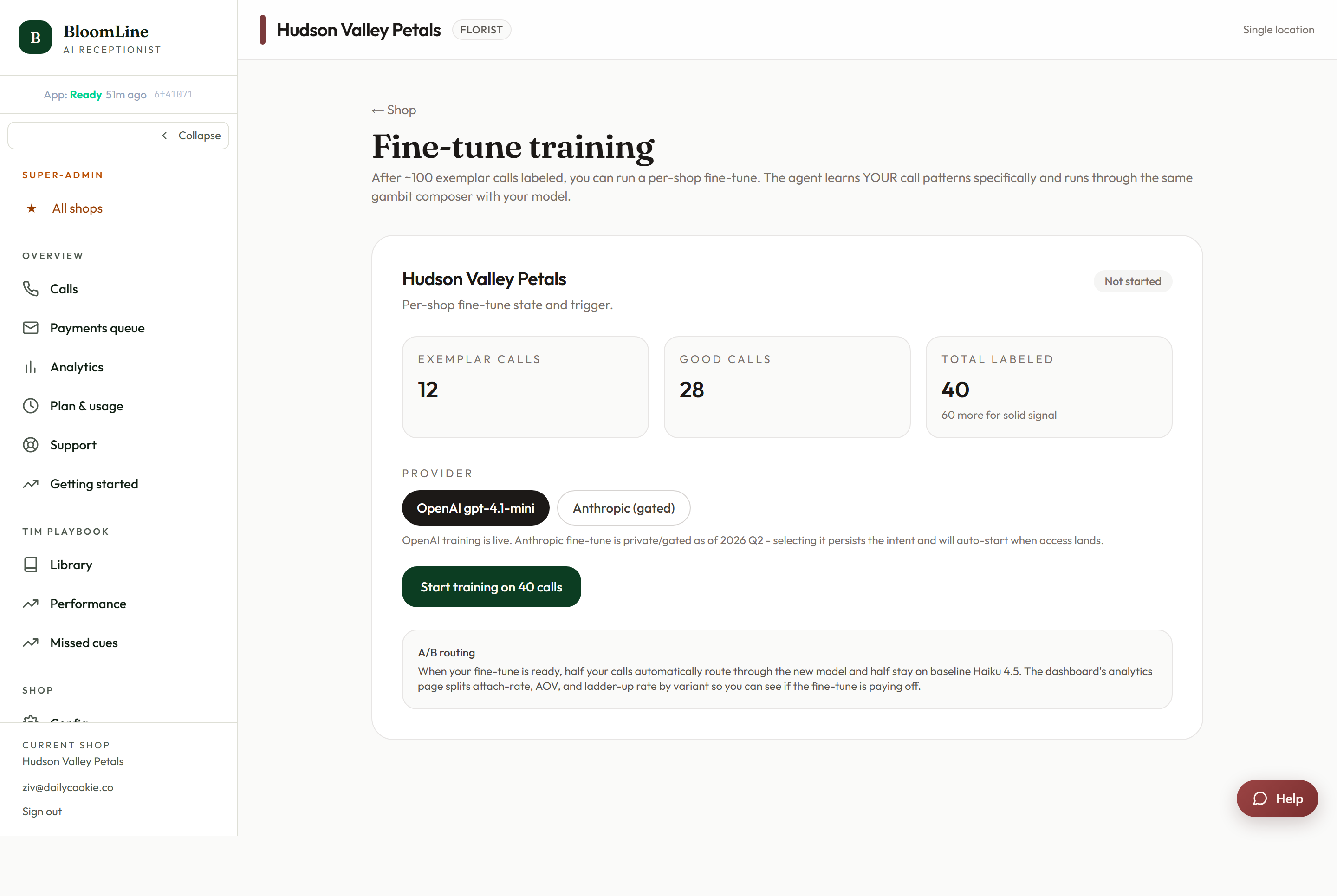 The Fine-tune training page with the provider select, Start training button, and the job status list