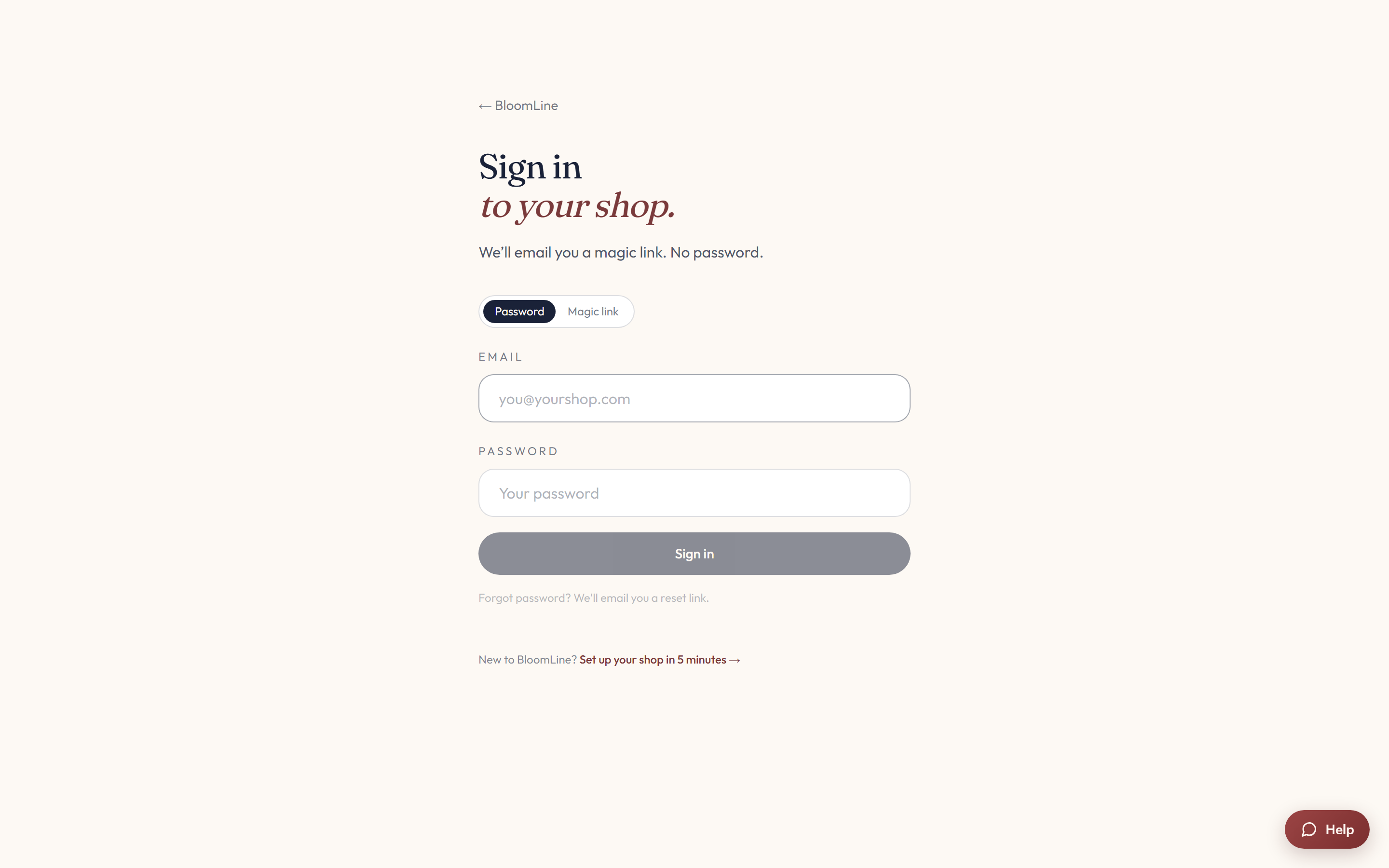 The BloomLine login page with the email field, the password and magic-link mode switch, and the forgot-password link
