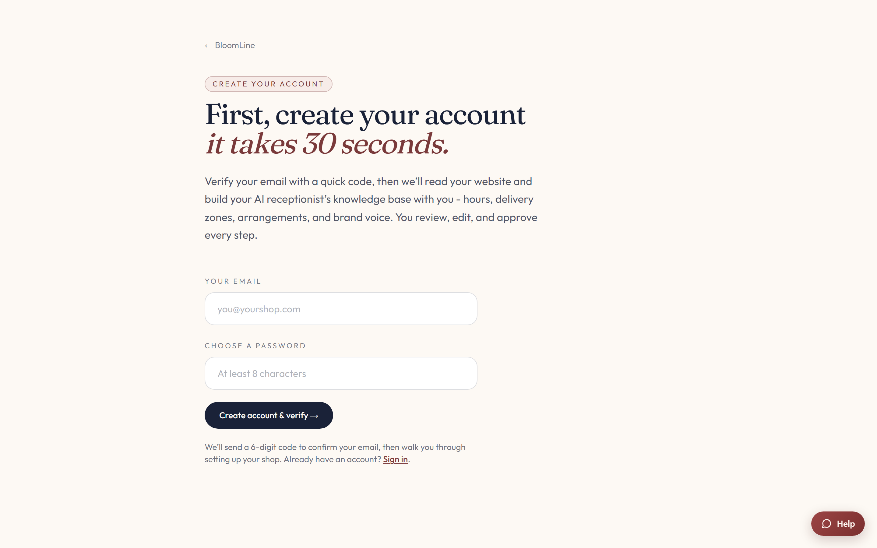 The BloomLine website-scan wizard used to add a new location, with a website URL field and Scan my shop button