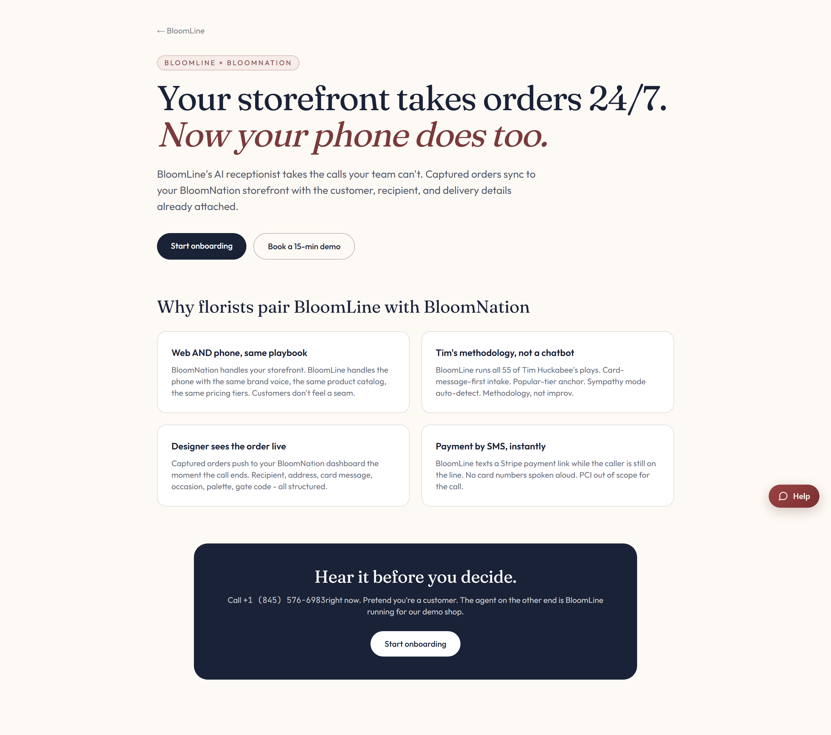 The BloomNation partner page showing the feature sections and sample call audio