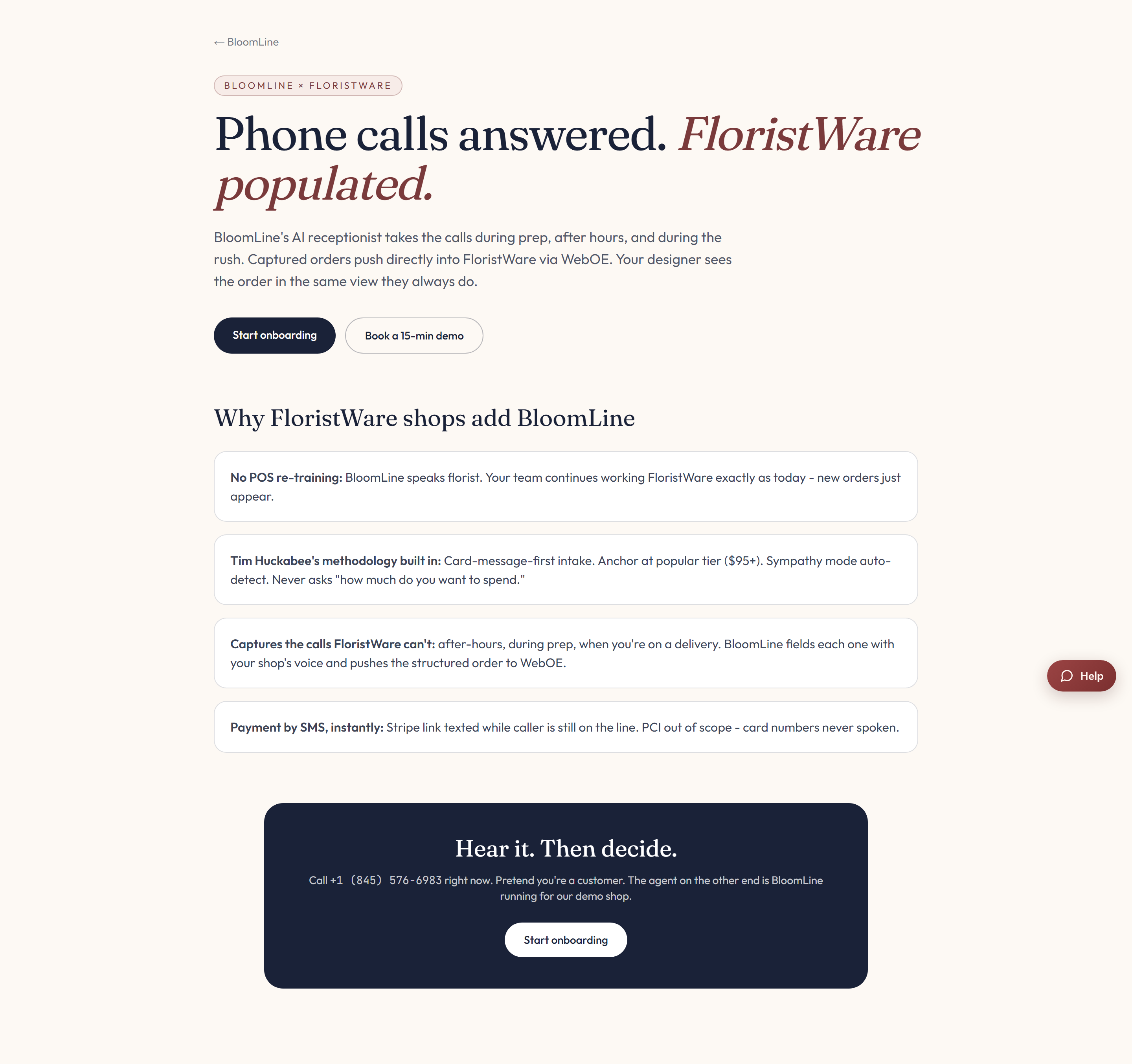 The FloristWare partner page with the sample call audio and calls to action