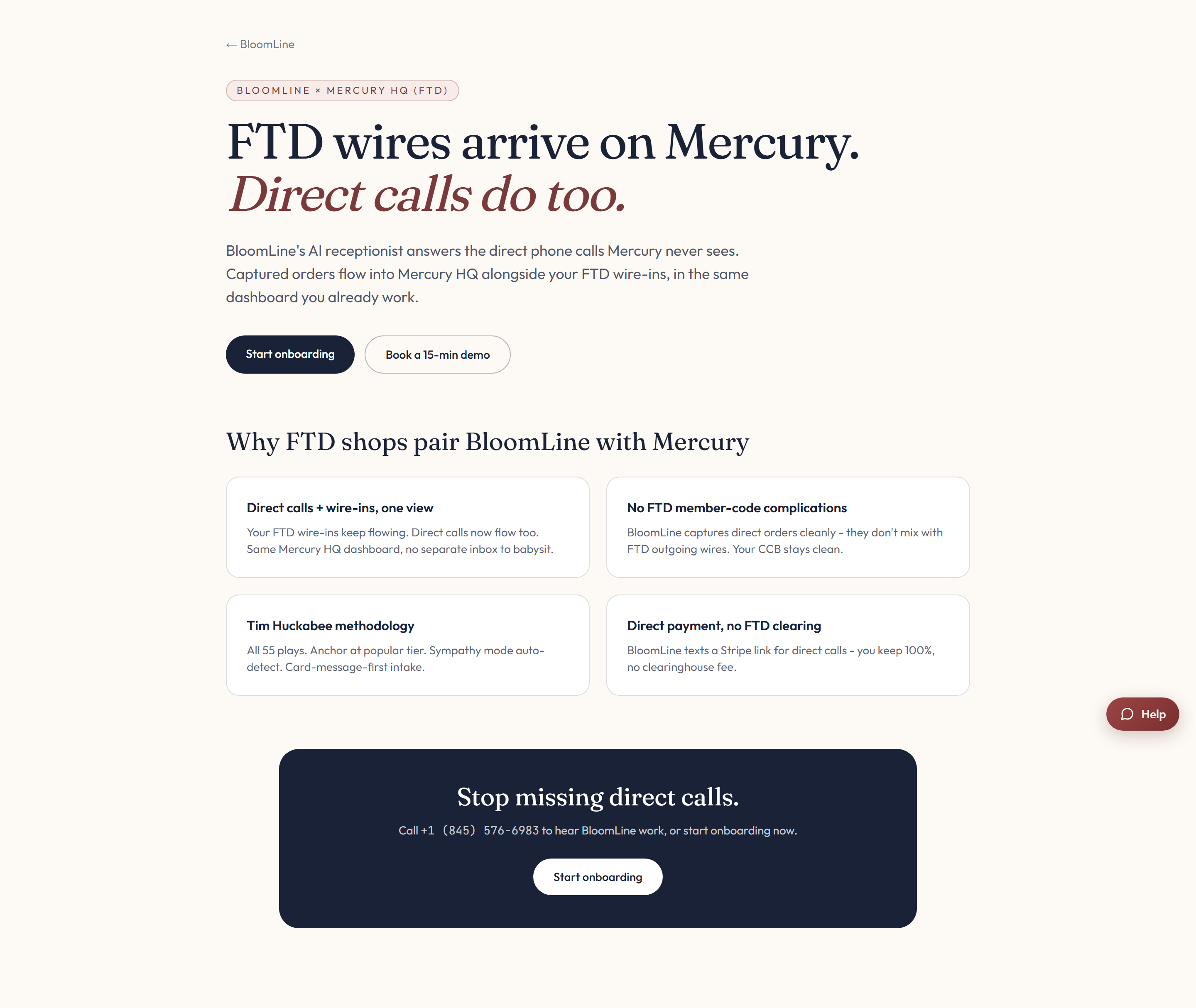 The Mercury HQ partner page showing the feature sections for FTD shops