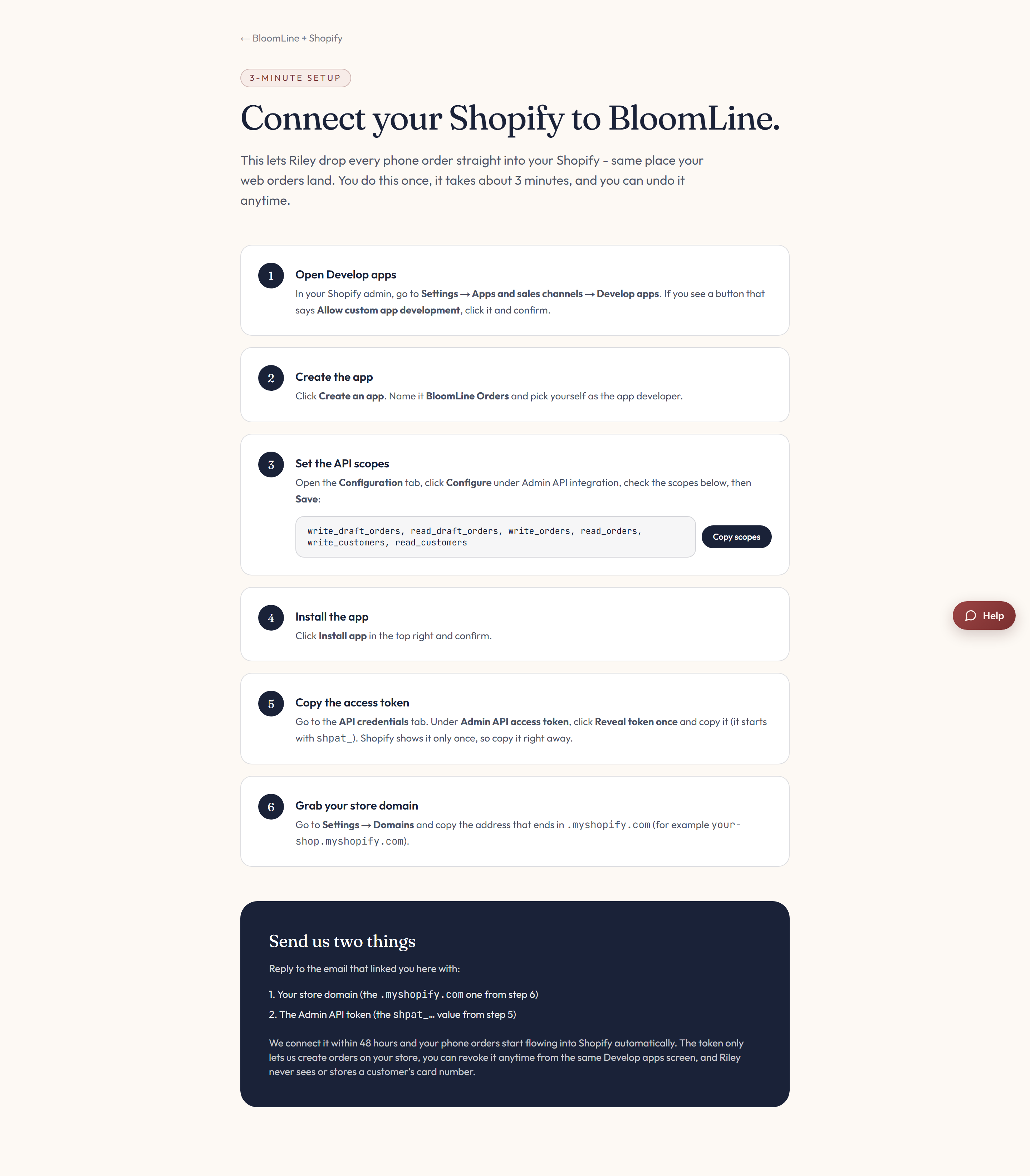 The Shopify connect instructions page showing the Send us two things blocks for store domain and Admin API token