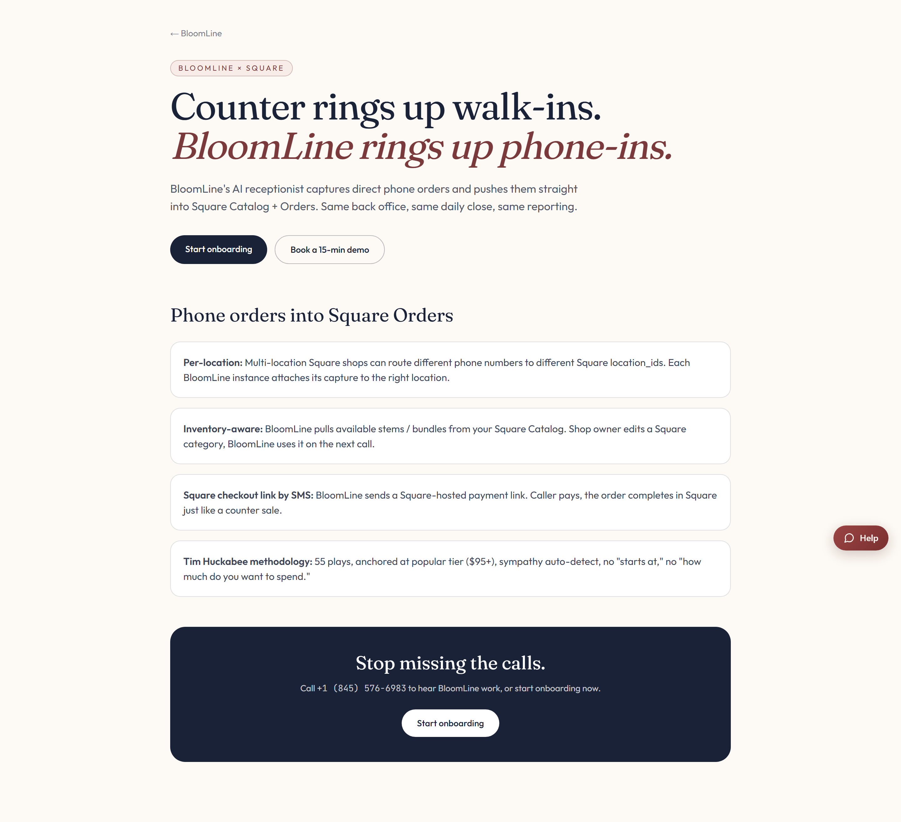 The BloomLine Square partner page showing the hero and feature sections for Square florists