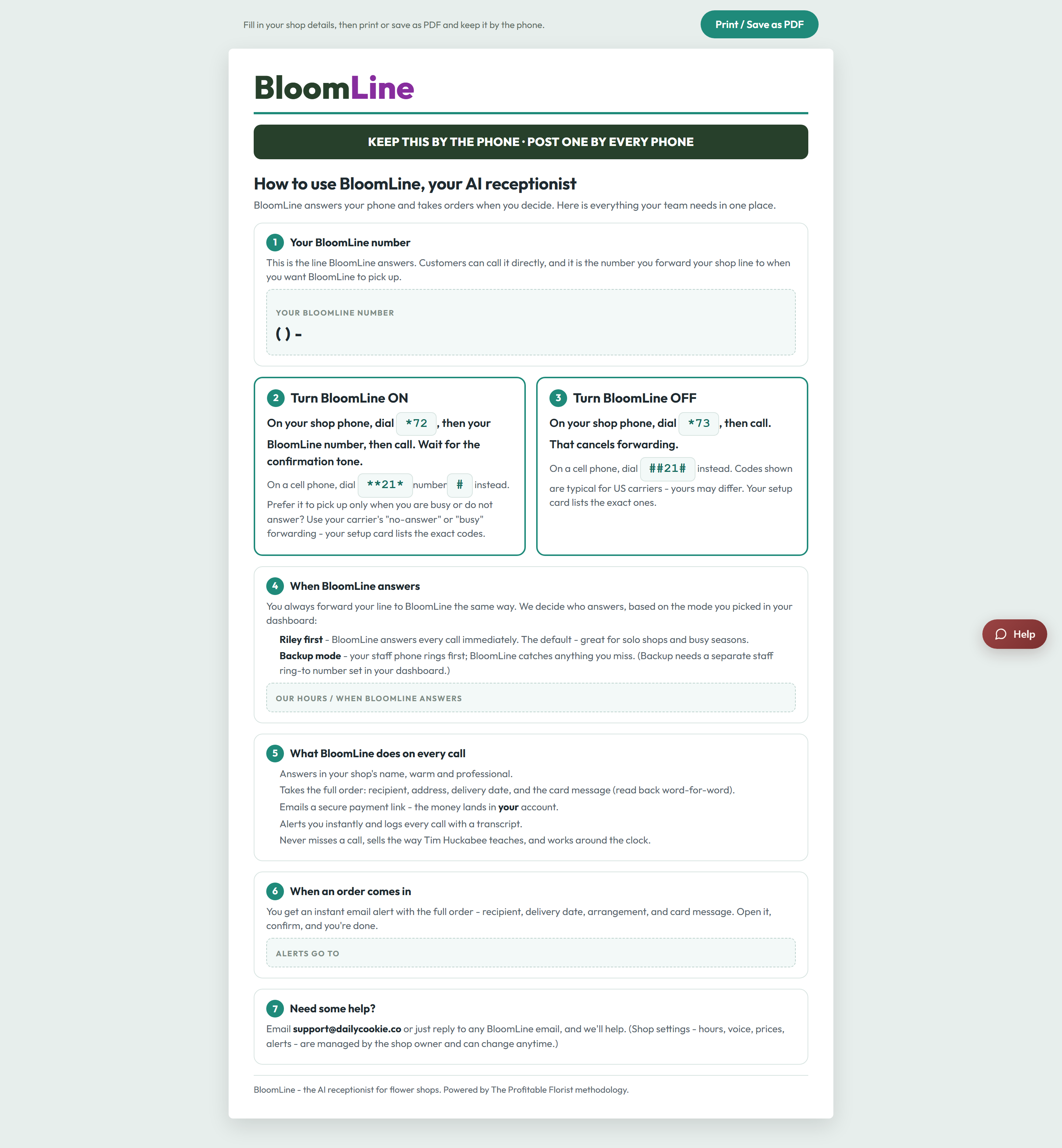 The printable one-page phone guide showing the shop's BloomLine number, hours, and the forwarding on and off dial codes