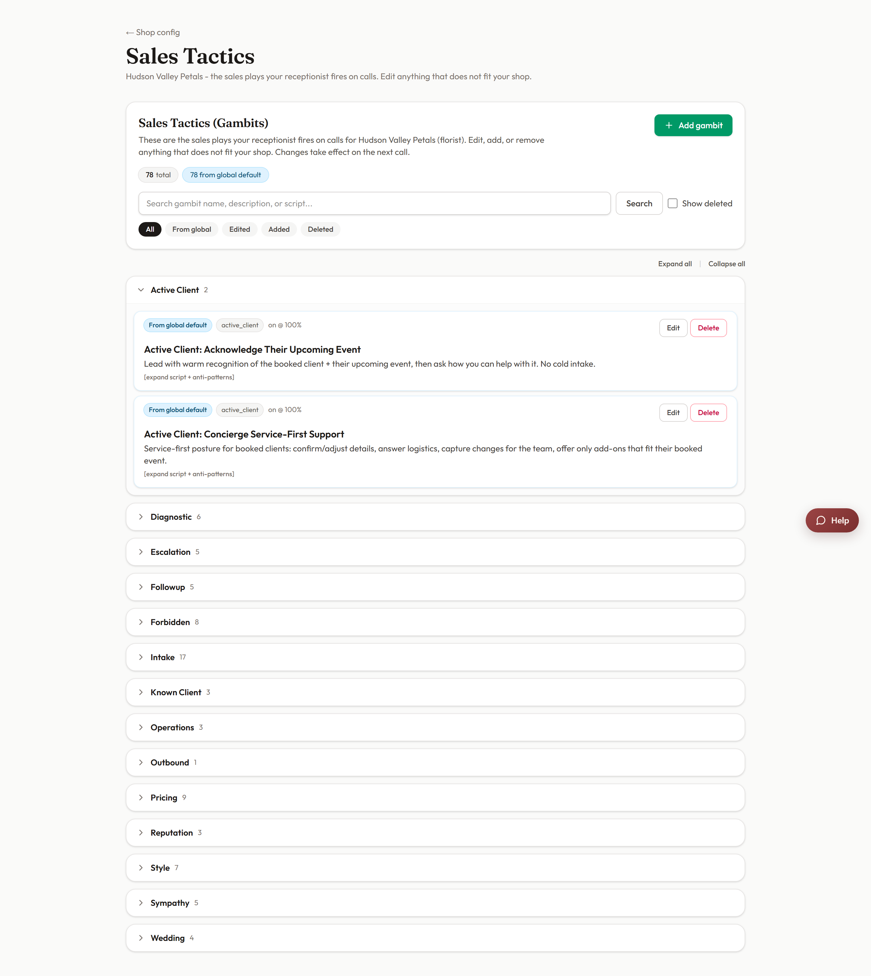 The Sales Tactics editor showing the searchable gambit list with status chips on each play