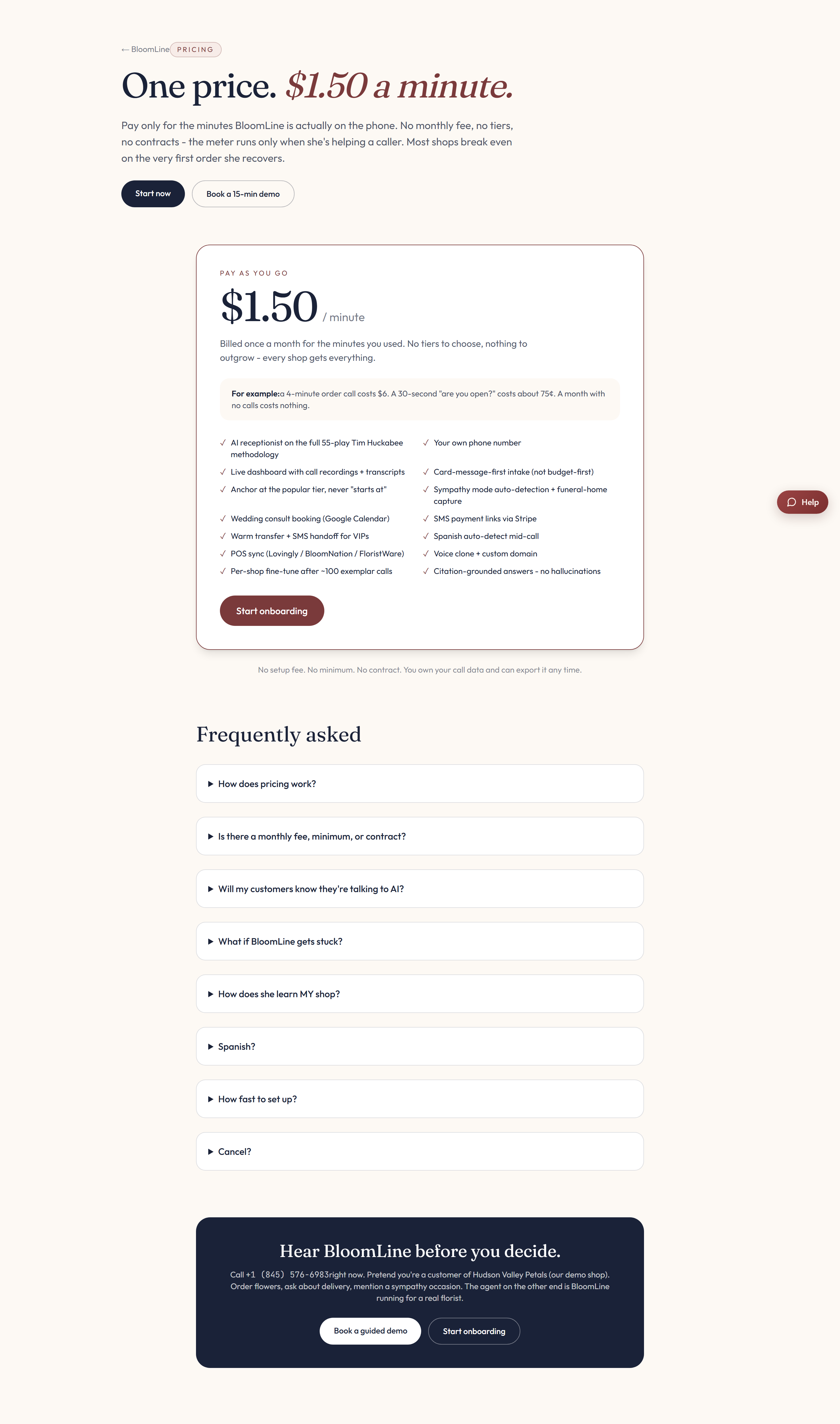 BloomLine pricing page showing the flat $1.50 per minute rate with no monthly fee, sample call players, and the FAQ