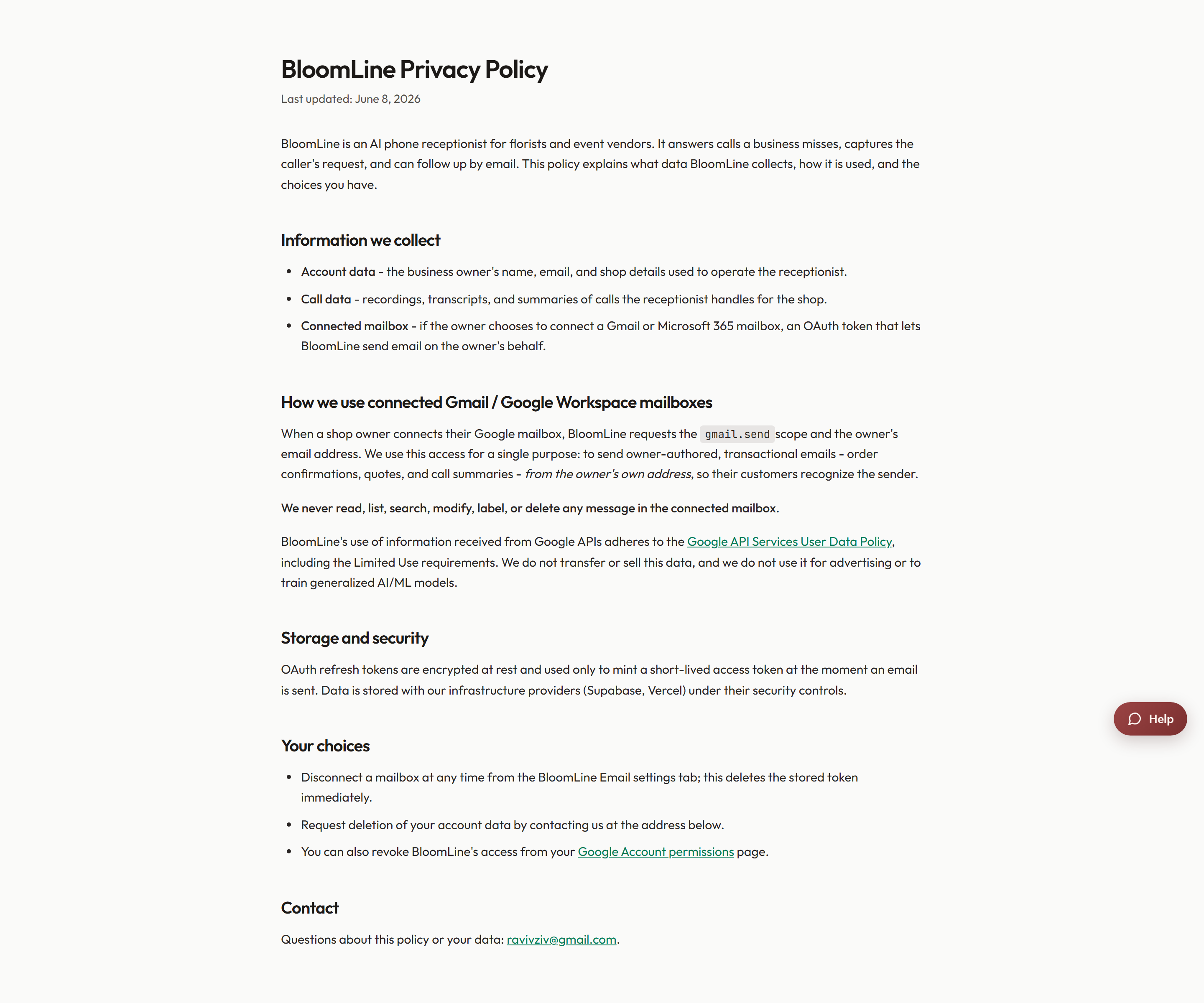 The BloomLine privacy policy page, including the section about connected Google mailboxes
