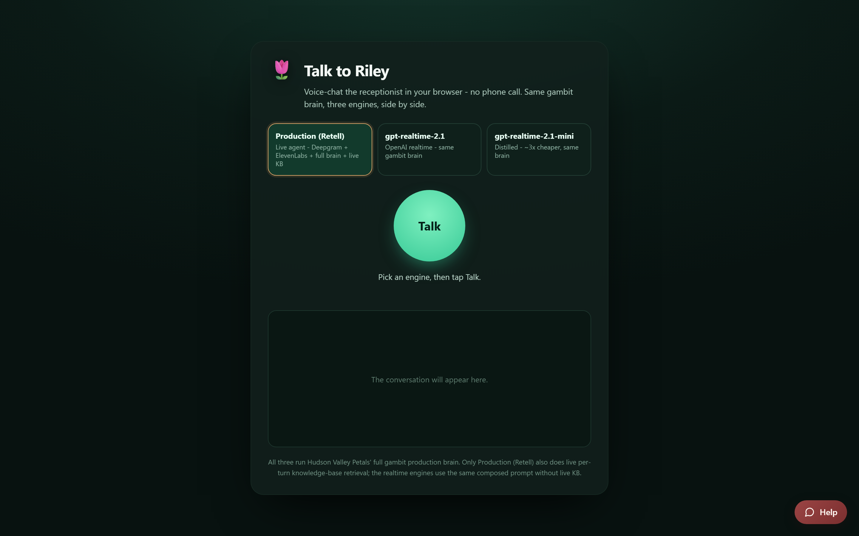 The Talk to Riley page with the Talk button, engine picker, and live transcript area