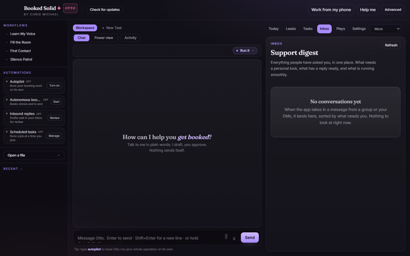 The chat composer at the bottom of the Booked Solid window, with the mic button next to the Send button